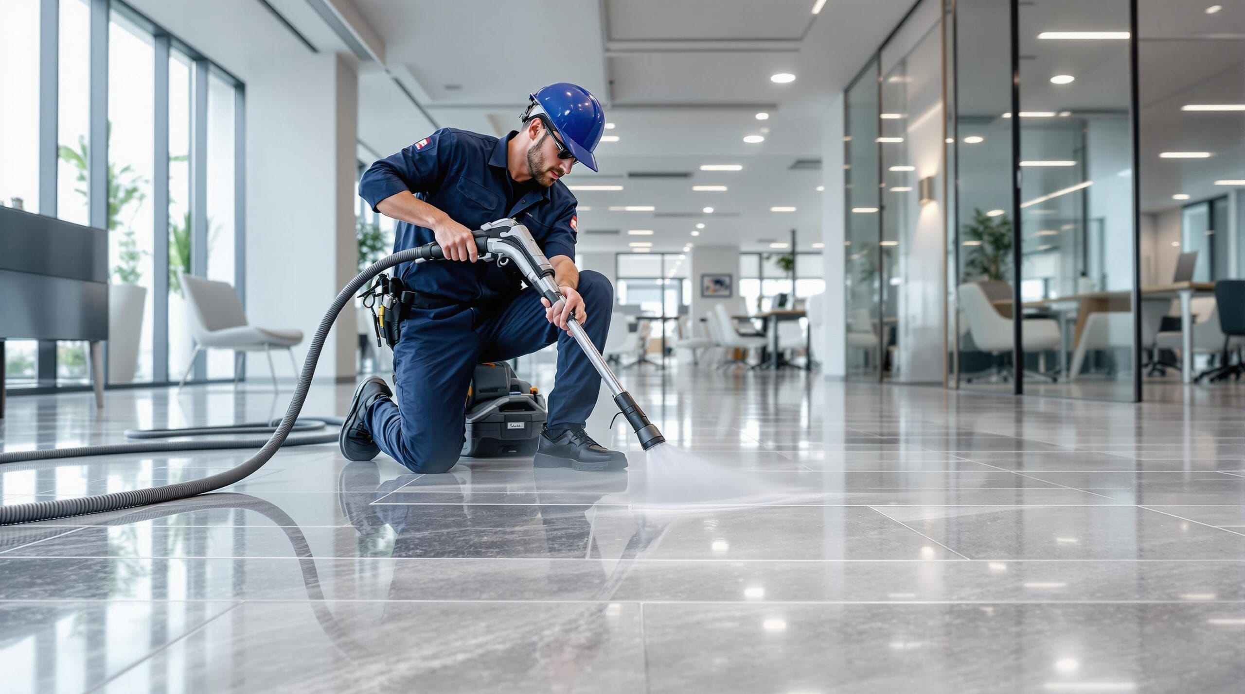 Professional grout cleaning process for commercial tile floors in Chicago office