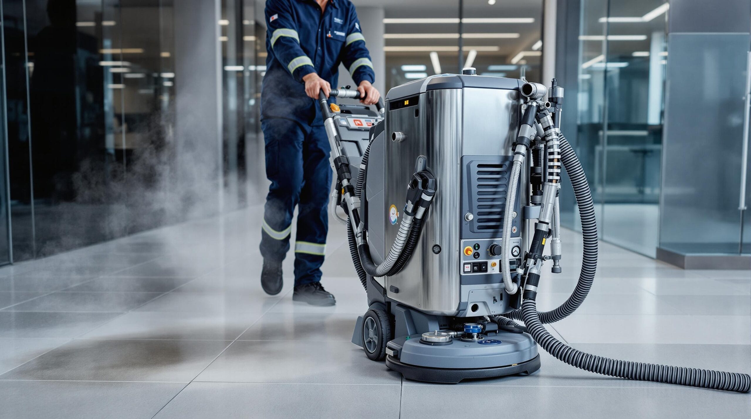 Professional steam cleaning equipment removing dirt from commercial floor tile grout